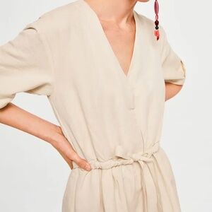 Beige MNG by Mango V-Neck Drawstring-Belted Linen-Blend Midi Dress